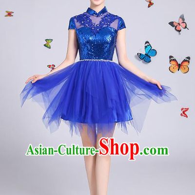 Traditional Chinese Modern Dance Opening Dance Clothing Chorus Blue Veil Bubble Dress Costume for Women