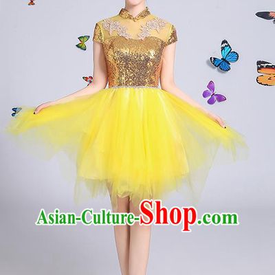 Traditional Chinese Modern Dance Opening Dance Clothing Chorus Yellow Veil Bubble Dress Costume for Women