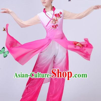 Traditional Chinese Classical Umbrella Dance Pink Embroidered Costume, China Yangko Folk Fan Dance Clothing for Women