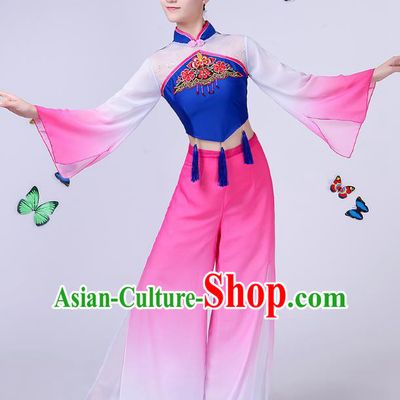Traditional Chinese Classical Umbrella Dance Embroidered Peony Blue Costume, China Yangko Folk Fan Dance Clothing for Women