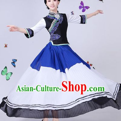 Traditional Chinese Yi Nationality Dance Costume, Chinese Minority Hmong Folk Dance Torch Festival Pleated Skirt Embroidery Costume for Women
