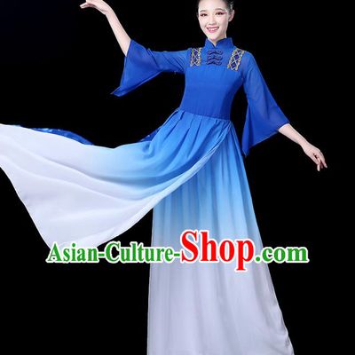 Traditional Chinese Classical Dance Costume Blue Dress, China Yangko Folk Umbrella Dance Clothing for Women