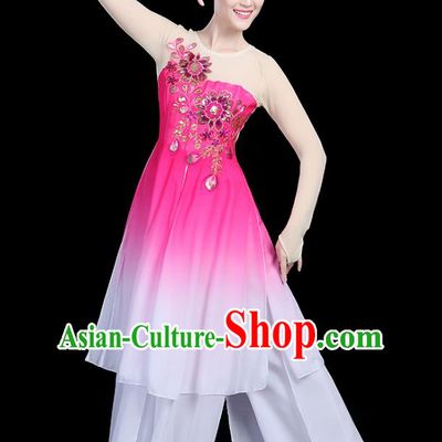 Traditional Chinese Classical Dance Pink Uniform Fan Dance Costume, China Yangko Folk Umbrella Dance Clothing for Women