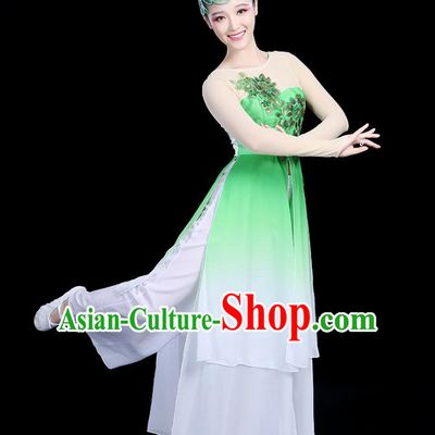 Traditional Chinese Classical Dance Green Uniform Fan Dance Costume, China Yangko Folk Umbrella Dance Clothing for Women