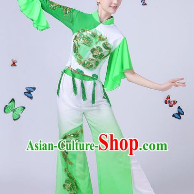 Traditional Chinese Classical Umbrella Dance Green Costume, China Yangko Folk Fan Dance Clothing for Women