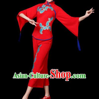Traditional Chinese Yangge Fan Dance Red Uniform, China Classical Folk Yangko Drum Dance Clothing for Women