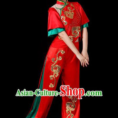 Traditional Chinese Yangge Fan Classical Dance Red Uniform, China Folk Yangko Drum Dance Clothing for Women