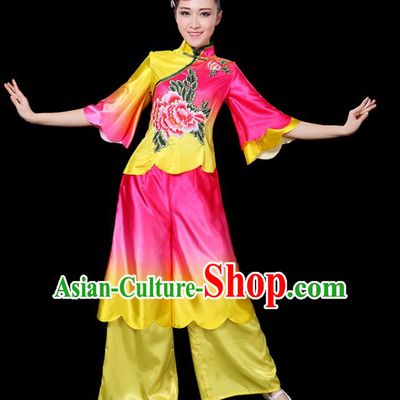 Traditional Chinese Yangge Fan Classical Dance Printing Peony Uniform, China Folk Yangko Drum Dance Clothing for Women