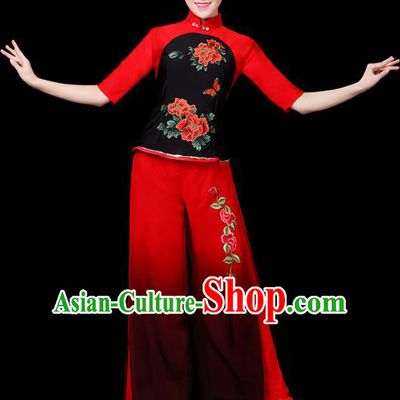 Traditional Chinese Yangge Fan Classical Dance Embroidered Uniform, China Folk Yangko Drum Dance Clothing for Women