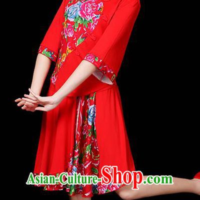 Traditional Chinese Yangge Fan Classical Dance Peony Red Uniform, China Folk Yangko Drum Dance Clothing for Women