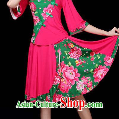 Traditional Chinese Yangge Fan Classical Dance Peony Rosy Uniform, China Folk Yangko Drum Dance Clothing for Women