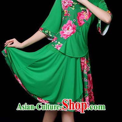Traditional Chinese Yangge Fan Classical Dance Peony Green Uniform, China Folk Yangko Drum Dance Clothing for Women