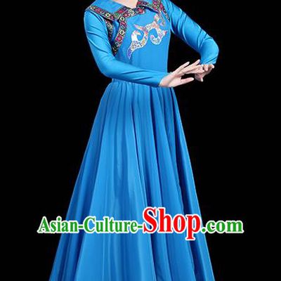 Traditional Chinese Mongol Nationality Dance Costume, Chinese Mongolian Minority Folk Dance Embroidery Blue Dress Clothing for Women