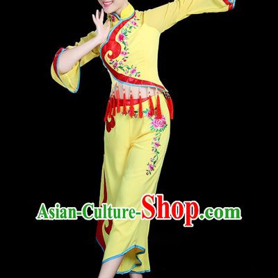 Traditional Chinese Yangge Fan Dance Yellow Costume, China Classical Folk Dance Yangko Drum Dance Clothing for Women