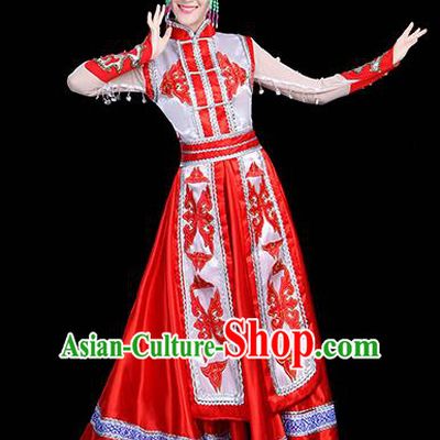 Traditional Chinese Mongol Nationality Dance Costume, Chinese Mongolian Minority Folk Dance Embroidery Red Dress Clothing for Women