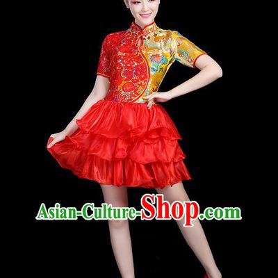 Traditional Chinese Modern Dance Opening Dance Clothing Chorus Competition Red Bubble Dress for Women