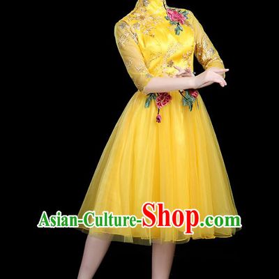 Traditional Chinese Modern Dance Opening Dance Clothing Chorus Competition Yellow Veil Bubble Dress for Women