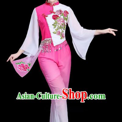 Traditional Chinese Yangge Fan Dance Pink Costume, China Classical Folk Dance Yangko Umbrella Dance Clothing for Women