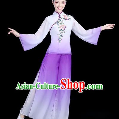 Traditional Chinese Yangge Fan Dance Embroidered Purple Costume, China Classical Folk Dance Yangko Umbrella Dance Clothing for Women