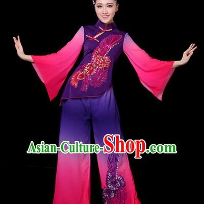 Traditional Chinese Yangge Fan Dance Embroidered Purple Uniform, China Classical Folk Yangko Drum Dance Clothing for Women