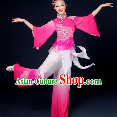 Traditional Chinese Yangge Fan Dance Embroidered Pink Uniform, China Classical Folk Yangko Drum Dance Clothing for Women