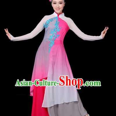 Traditional Chinese Yangge Fan Dance Embroidered Pink Uniform, China Classical Folk Yangko Umbrella Dance Clothing for Women