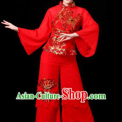 Traditional Chinese Yangge Fan Dance Embroidered Red Uniform, China Classical Folk Yangko Umbrella Dance Clothing for Women