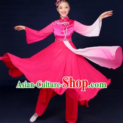 Traditional Chinese Yangge Fan Dance Embroidered Pink Dress, China Classical Folk Yangko Umbrella Dance Clothing for Women