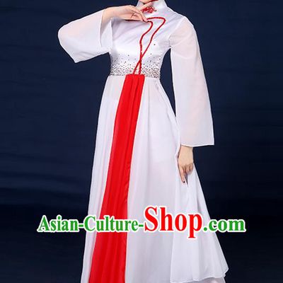 Traditional Chinese Yangge Fan Dance Embroidered White Dress, China Classical Folk Yangko Umbrella Dance Clothing for Women