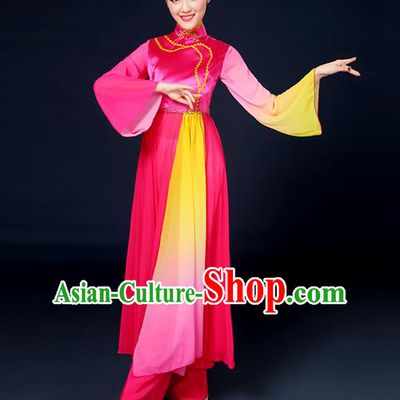 Traditional Chinese Yangge Fan Dance Embroidered Rosy Dress, China Classical Folk Yangko Umbrella Dance Clothing for Women