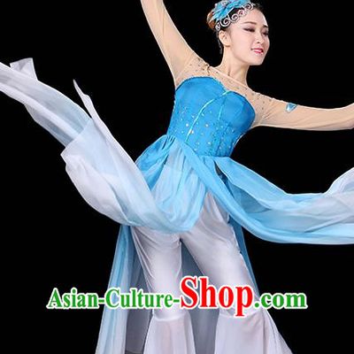 Traditional Chinese Modern Dance Opening Dance Clothing Chorus Yangko Fan Dance Blue Dress for Women