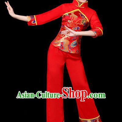 Traditional Chinese Yangge Fan Dance Red Costume, China Classical Folk Dance Yangko Drum Dance Clothing for Women