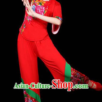 Traditional Chinese Yangge Fan Dance Red Uniform, China Classical Folk Yangko Drum Dance Clothing for Women