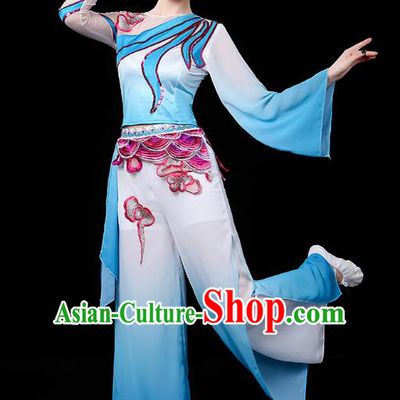 Traditional Chinese Yangge Fan Dance Blue Uniform, China Classical Folk Dance Yangko Drum Dance Clothing for Women