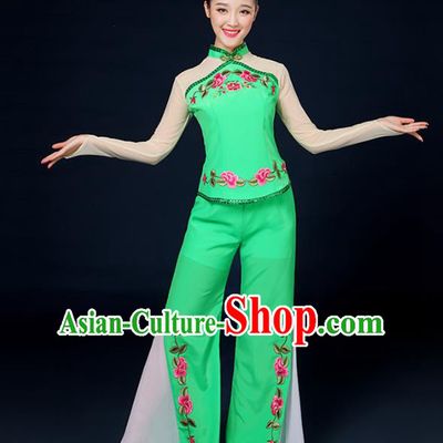 Traditional Chinese Yangge Fan Dance Embroidered Peony Green Uniform, China Classical Folk Yangko Drum Dance Clothing for Women
