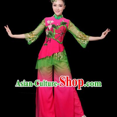 Traditional Chinese Yangge Fan Dance Embroidered Lotus Uniform, China Classical Folk Yangko Drum Dance Clothing for Women