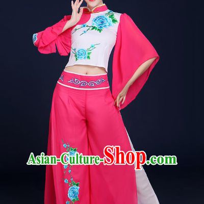 Traditional Chinese Folk Yangge Fan Classical Dance Peony Pink Uniform, China Yangko Drum Dance Clothing for Women