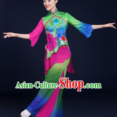 Traditional Chinese Folk Yangge Fan Classical Dance Lotus Green Uniform, China Yangko Drum Dance Clothing for Women