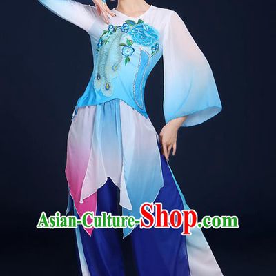 Traditional Chinese Folk Yangge Fan Classical Dance Peony Blue Uniform, China Yangko Drum Dance Clothing for Women