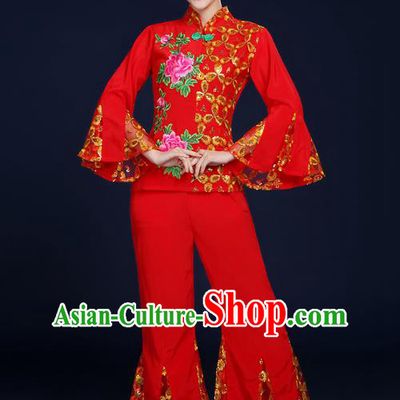 Traditional Chinese Folk Yangge Fan Classical Dance Embroidered Red Uniform, China Yangko Drum Dance Clothing for Women