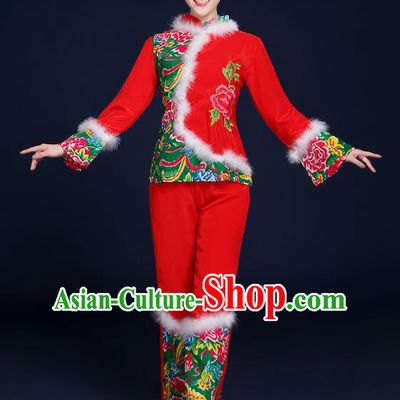 Traditional Chinese Folk Yangge Fan Classical Dance Red Uniform, China Yangko Drum Dance Clothing for Women