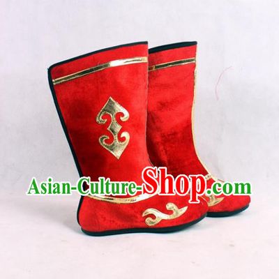 Asian Chinese Beijing Opera Embroidered Red Boots, Traditional China Peking Opera General Hanfu Shoes