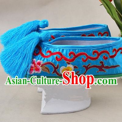 Asian Chinese Beijing Opera Actress Blue Embroidered Shoes, Traditional China Peking Opera Diva Hanfu Manchu Shoes