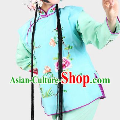 Chinese Beijing Opera Servant Girl Costume Embroidered Light Blue Vest, China Peking Opera Actress Embroidery Waistcoat Clothing