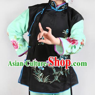 Chinese Beijing Opera Servant Girl Costume Embroidered Black Vest, China Peking Opera Actress Embroidery Waistcoat Clothing
