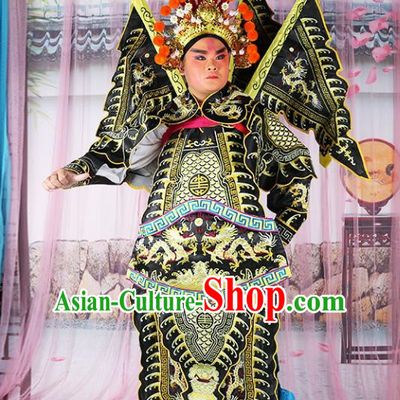Chinese Beijing Opera General Costume Black Embroidered Robe, China Peking Opera Embroidery Gwanbok Clothing