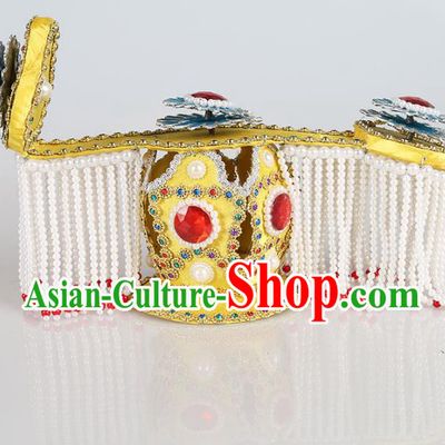 Asian Chinese Beijing Opera Emperor Tassel Hats, Traditional China Peking Opera Majesty Crown Headwear