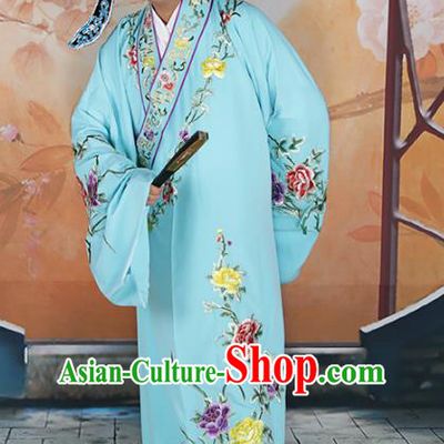 Chinese Beijing Opera Niche Embroidered Blue Costume, China Peking Opera Young Men Embroidery Robe Clothing