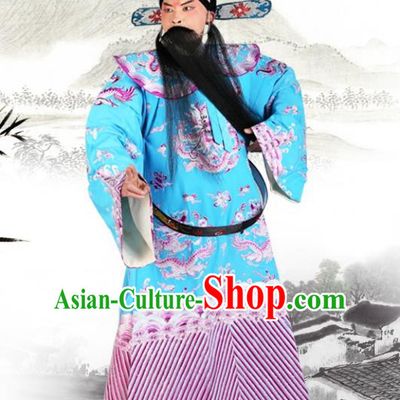 Chinese Beijing Opera Royal Highness Costume Blue Embroidered Robe, China Peking Opera Prime Minister Embroidery Gwanbok Clothing