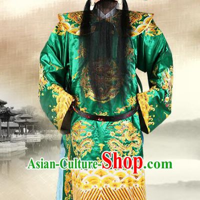Chinese Beijing Opera Royal Highness Costume Green Embroidered Robe, China Peking Opera Prime Minister Embroidery Gwanbok Clothing